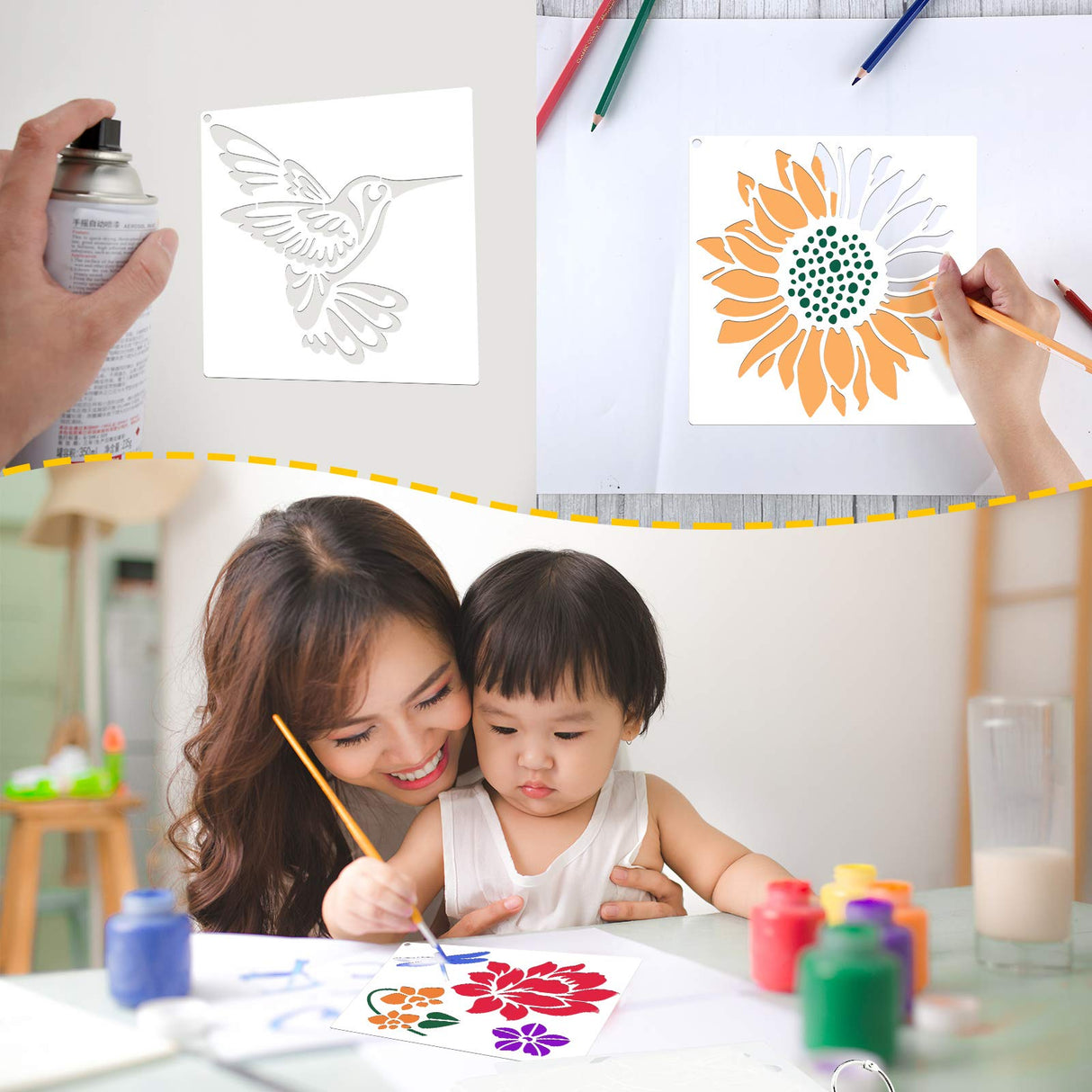 16 Pieces Stencil for Painting Sunflower Butterfly Floral Stencil Spring Summer Large Reusable Hummingbird Painting Templates and Metal Open Ring for DIY Craft on Wood Wall Home Decor(6.3 x 6.3 Inch) Zonon