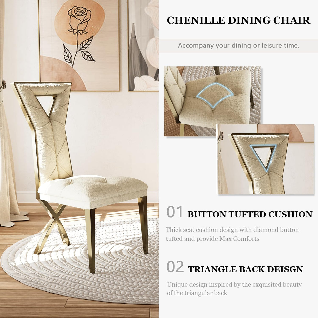 Anewsun 9 Piece Dining Table Set, Brushed Bronze Dining Room Table Set with 78 inch White Stone Table and 8 White Chenille Dining Chairs Anewsun