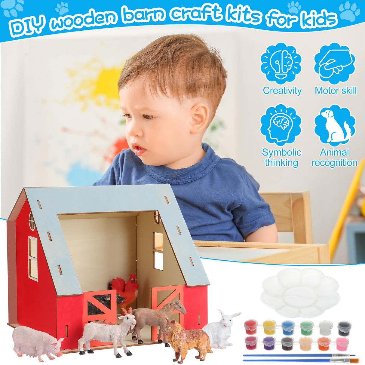 DoubleFill 4 Set DIY Wooden Barn Craft Kits for Kids Party Favors Farm Animals House Toys Large Wooden Barn with Animal Play Figures Horses Stablemates Paint Easter Birthday Gifts for Toddler DoubleFill