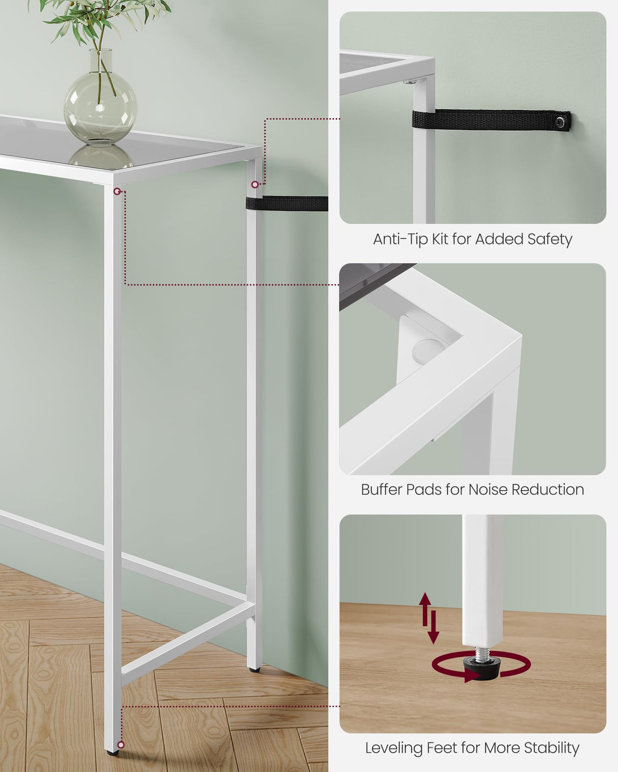 VASAGLE Entryway Table, Console Table, Tempered Glass Tabletop, Modern Sofa Table, Easy Assembly, with Adjustable Feet, for Living Room, Entryway, Pearl White and Slate Gray ULGT026W01 VASAGLE