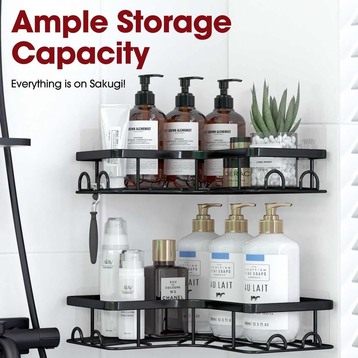 Sakugi Corner Shower Caddy - 2 Pack, Adhesive Shower Organizers, Rustproof Stainless Steel Shower Shelves with 8 Hooks, No Drilling Bathroom Organizers and Storage Racks, Space-Saving, Black,Medium Sakugi