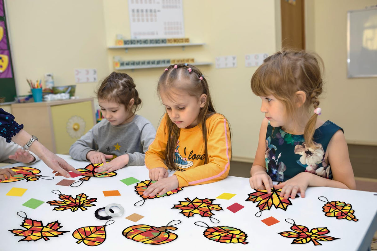 Renbuzhu 40PCS Fall Crafts Bulk: Leaves Pumpkins Paper Suncatchers DIY Kit for Autumn Thanksgiving Activities Decorations, Window Stained Glass Effect Art Supplies(Black Frame) Renbuzhu