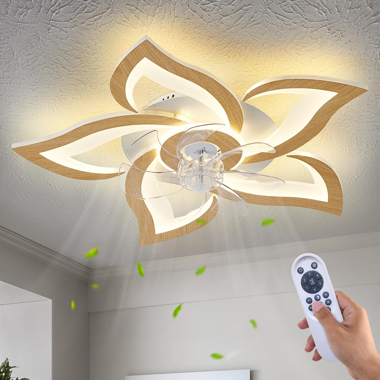 Dalouguan Geometric Ceiling Fan with Lights Remote Control, Wooden Ceiling Fan with Light, 3 Light Color 6 Speeds Low Profile Flush Mount Ceiling Fan for Kitchen Bedroom Living Room Dalouguan