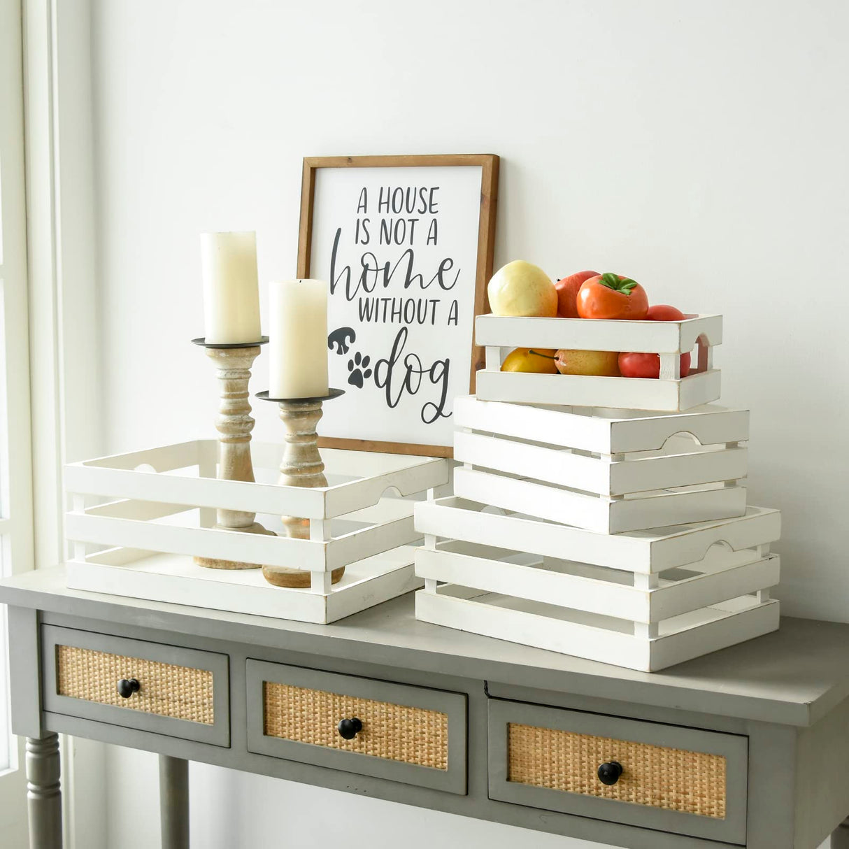 MACVAD Set of 4 Large Wooden Crates Decorative, Whitewashed Nesting Wooden Crates for Display Rustic, Farmhouse Wooden Storage Container Boxes Made from 100% Wood MACVAD