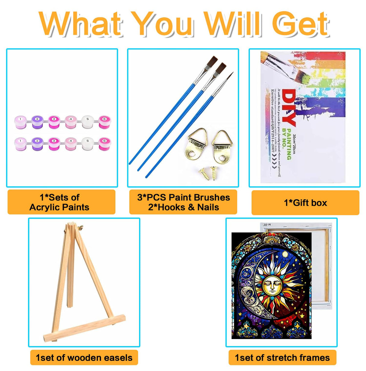 Paint by Numbers Kit for Adults,Stained Glass Paint by Numbers Kit for Beginner Sun Moon Paint by Numbers Kits for Home Table and Gift for Wall Decor 12x16 inch Framed and Easel Meothan