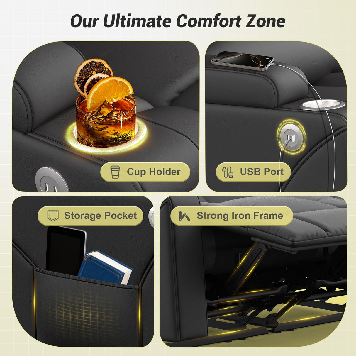 MOSGAT RV Loveseat Recliner Sofa, Reclining Loveseat Home Theater Seating with USB Ports, Cup Holders, Insert Pockets, Wall Hugger RV Recliners for Movie Room, Recline Movie Seats Gaming Sofa, Gray MOSGAT