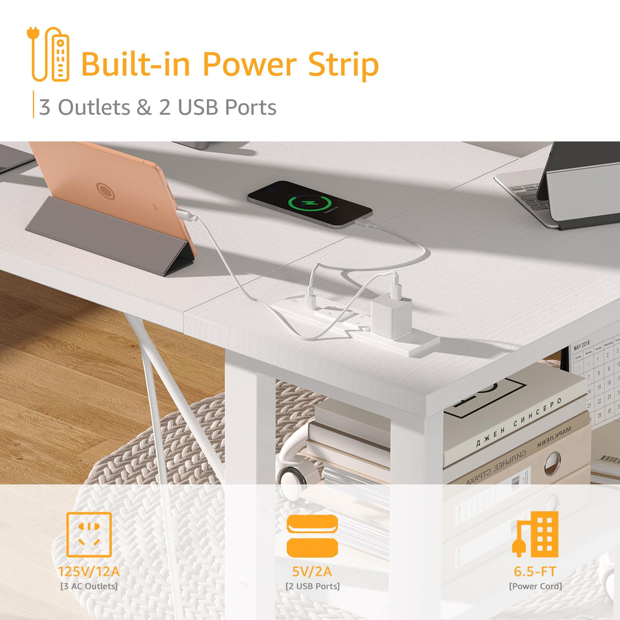 DLisiting White L Shaped Computer Desk with Power Outlet Shelves, 40 Inch Small Corner Desk for Small Space Home Office, Study Work PC Desks for Bedroom, White DLisiting