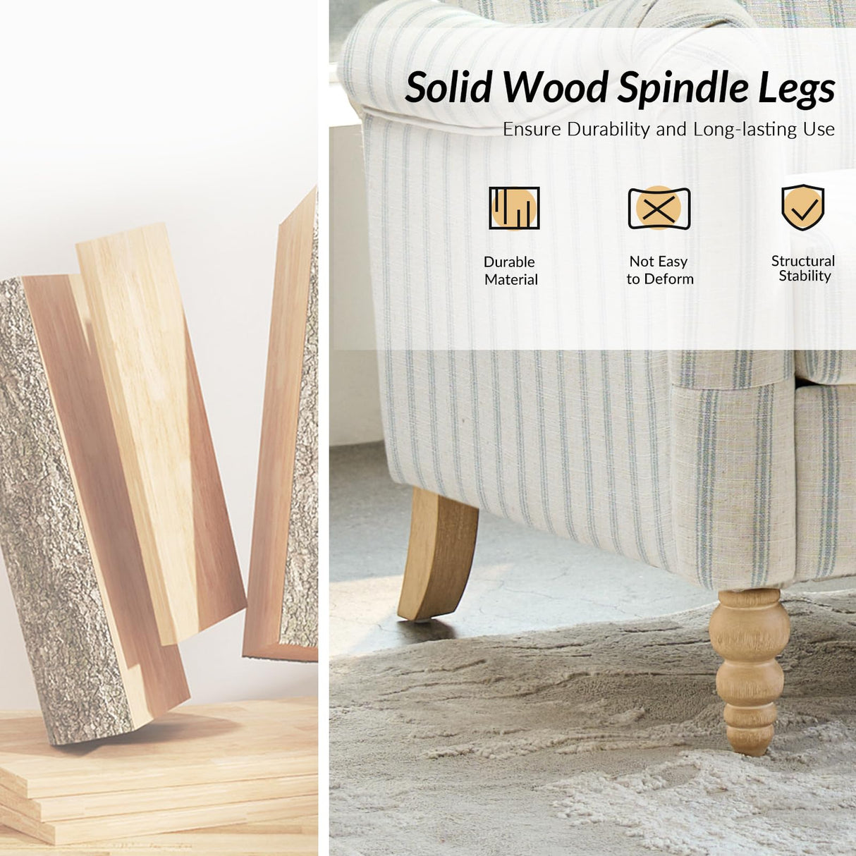 HULALA HOME 50.5" Loveseat Sofa with Stripe Pattern, 2 Seater Farmhouse Sofa with Rolled Wide Armrests and Rubber Wood Legs, Comfy Upholstered Small Couch for Living Room Bedroom, Blue HULALA HOME