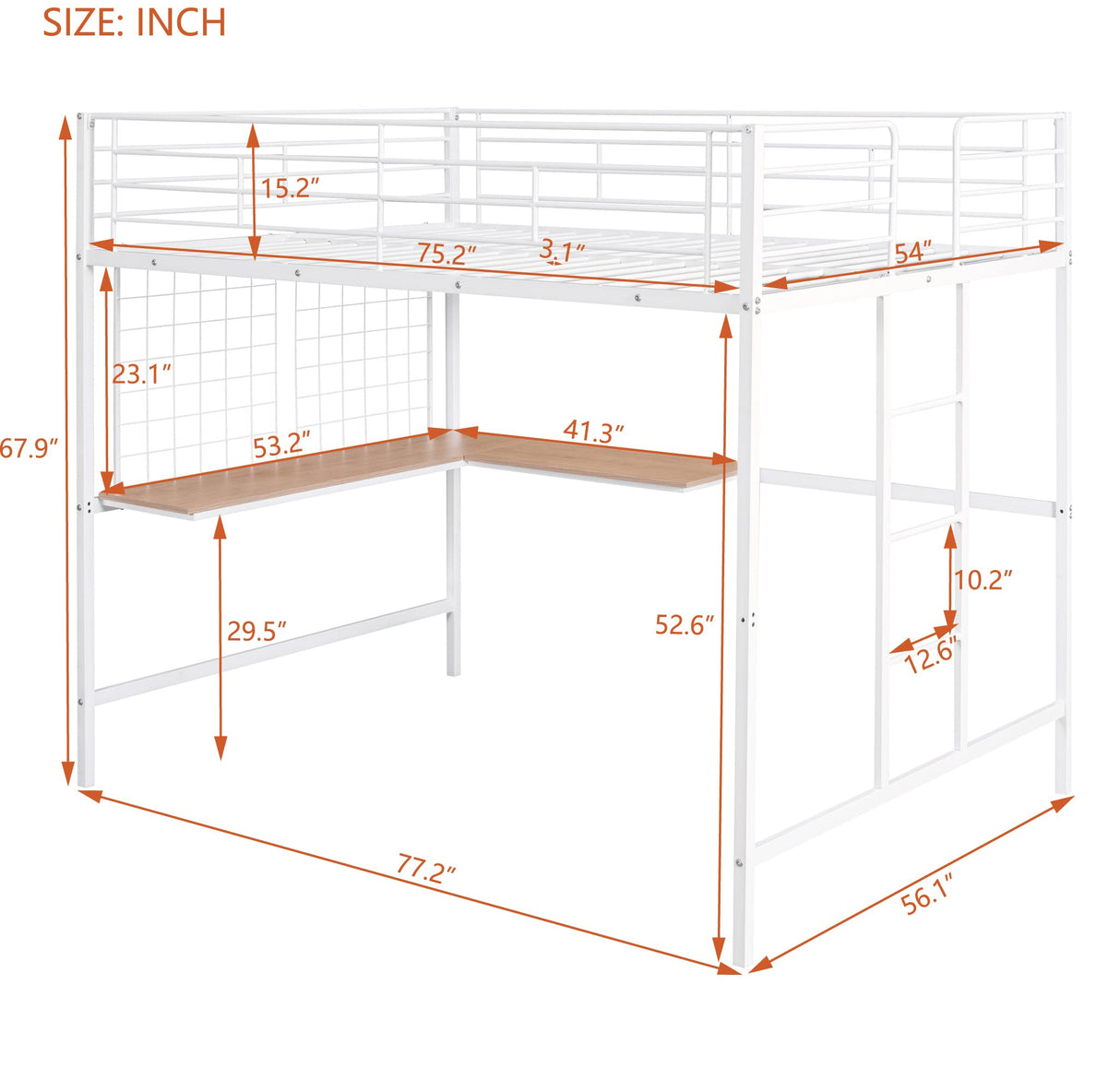 Full Size Loft Bed with Desk and Metal Grid, Metal Loft Bed Full with Safety Guardrails and Ladders, High Loft Bed Frame for Teens, Adults, No Box Spring Needed (Full, White) Harper & Bright Designs