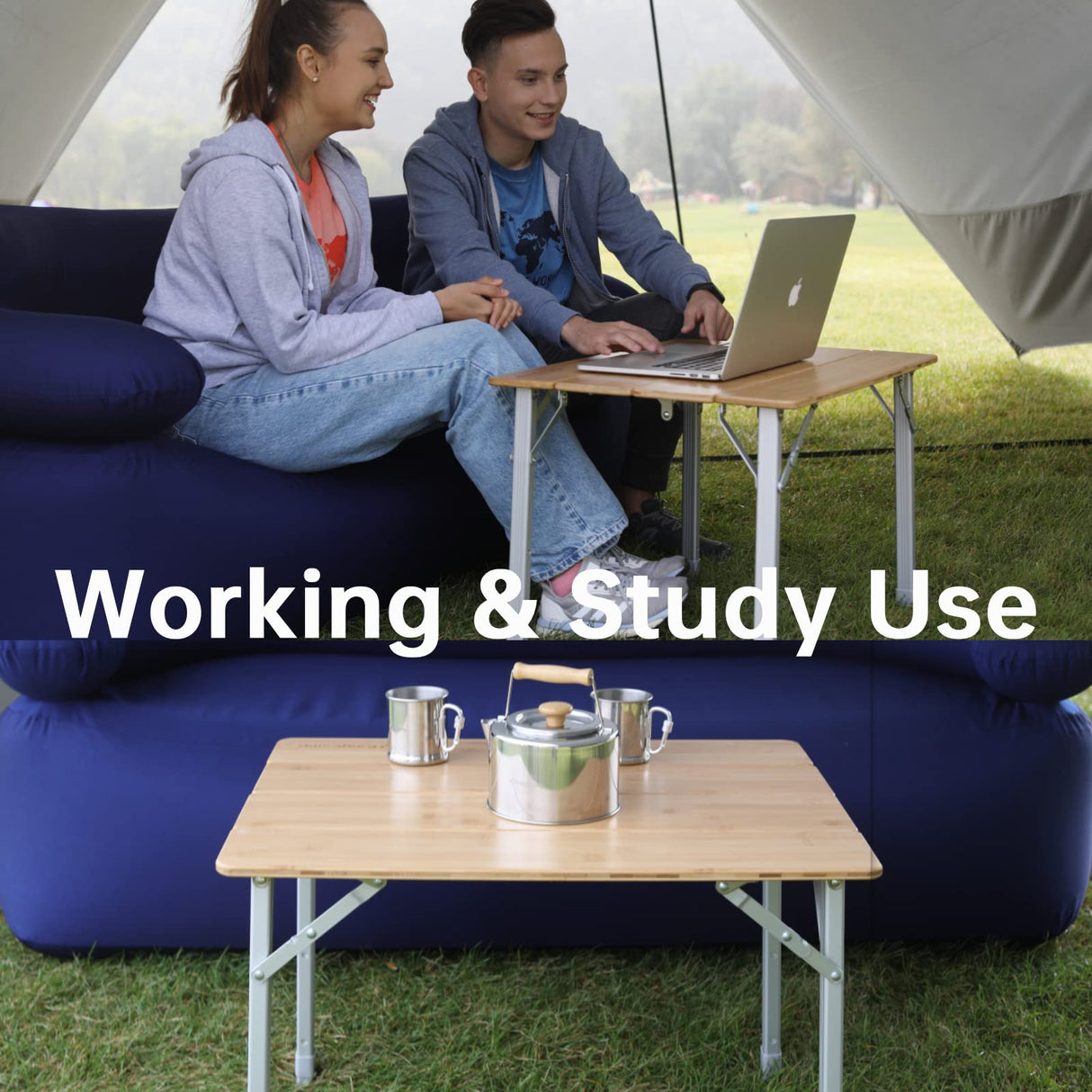 KingCamp Bamboo Folding Camping Table 4 Folds Lightweight with Adjustable Height Aluminum Legs Portable Camp Tables in Carry Bag for Indoor Outdoor Picnic Beach KingCamp