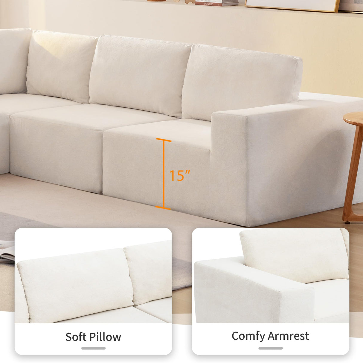 Merax 116" Modular Sectional Sofa, Luxury Floor Couch Set, Chenille Upholstered Indoor Furniture Foam-Filled Sleeper Bed for Living Room, Bedroom, 5 PC Free Combination, 5 Seats-L Shape, Off-White Merax