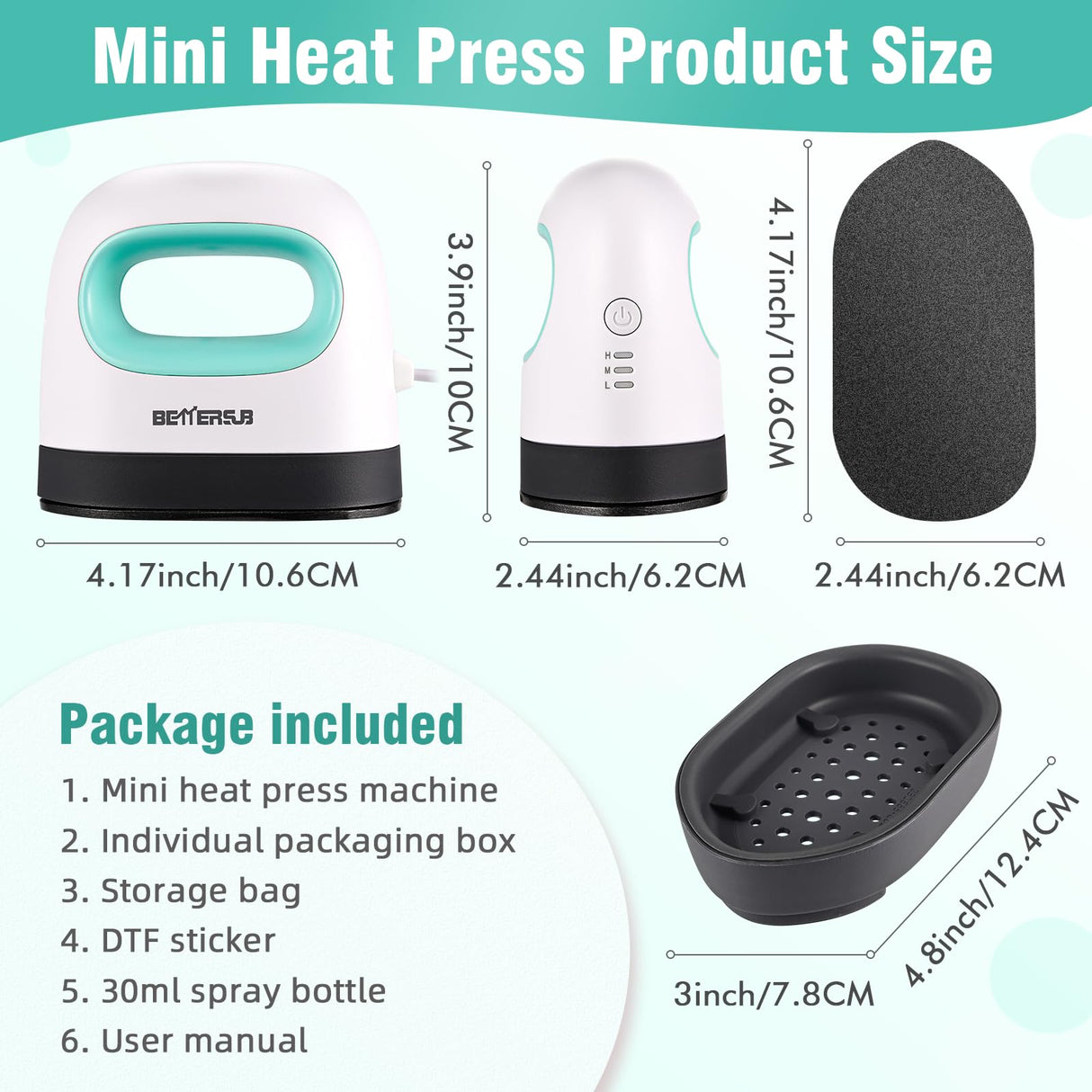 BetterSub Mini Heat Press Machine, Small Heat Press Portable Iron Press Machine, Sublimation and HTV Vinyl Shirt Press Machine for Hat, Bags, Heating Transfer Small Projects (Teal) BetterSub