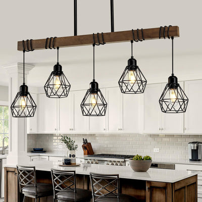 5-Light Kitchen Chandeliers Over Table, Farmhouse Black Dining Room Light Fixture, Linear Rustic Wood Ceiling Pendant Island Light Fixtures with Metal Lampshade, Height Adjustable