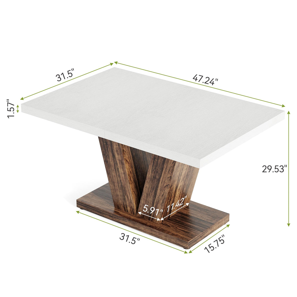LITTLE TREE 47 Inches Dining Table for 4, Modern Dining Room Tables, White Rectangle Kitchen Table with Rustic Brown V-Shaped Pedestal, Wooden Dinner Table for Dining Room, Kitchen, Living Room LITTLE TREE