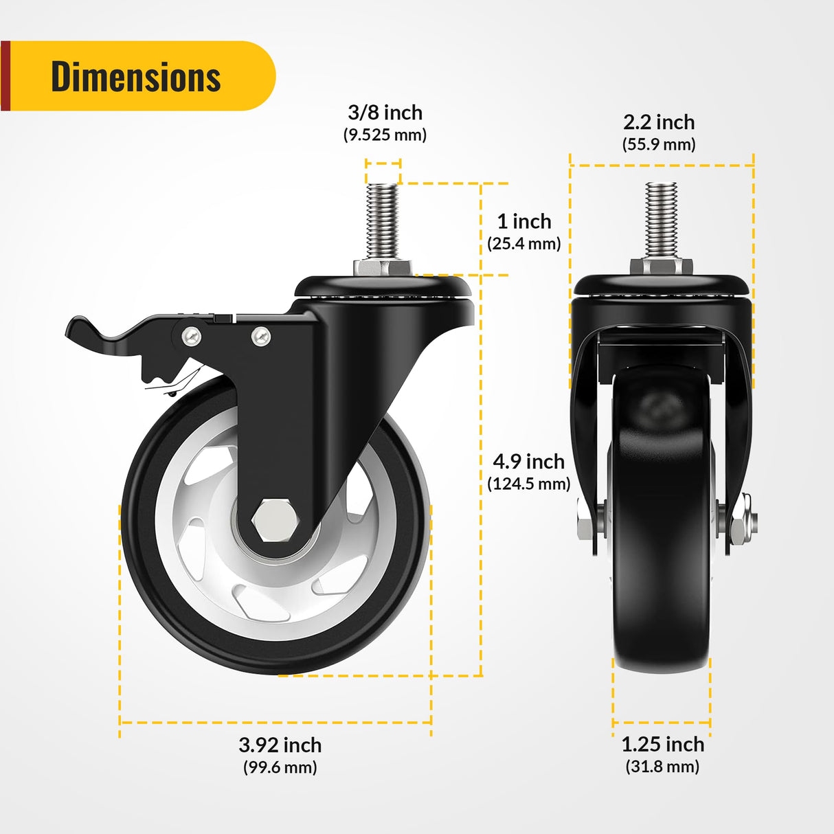 HOLKIE Caster Wheels 4 inch Total Locking Stem Casters, 3/8" -16 x 1 (Stem Diameter 3/8", Stem Length 1") Threaded Stem Casters Swivel Casters Set of 4 Heavy Duty Castors Black HOLKIE