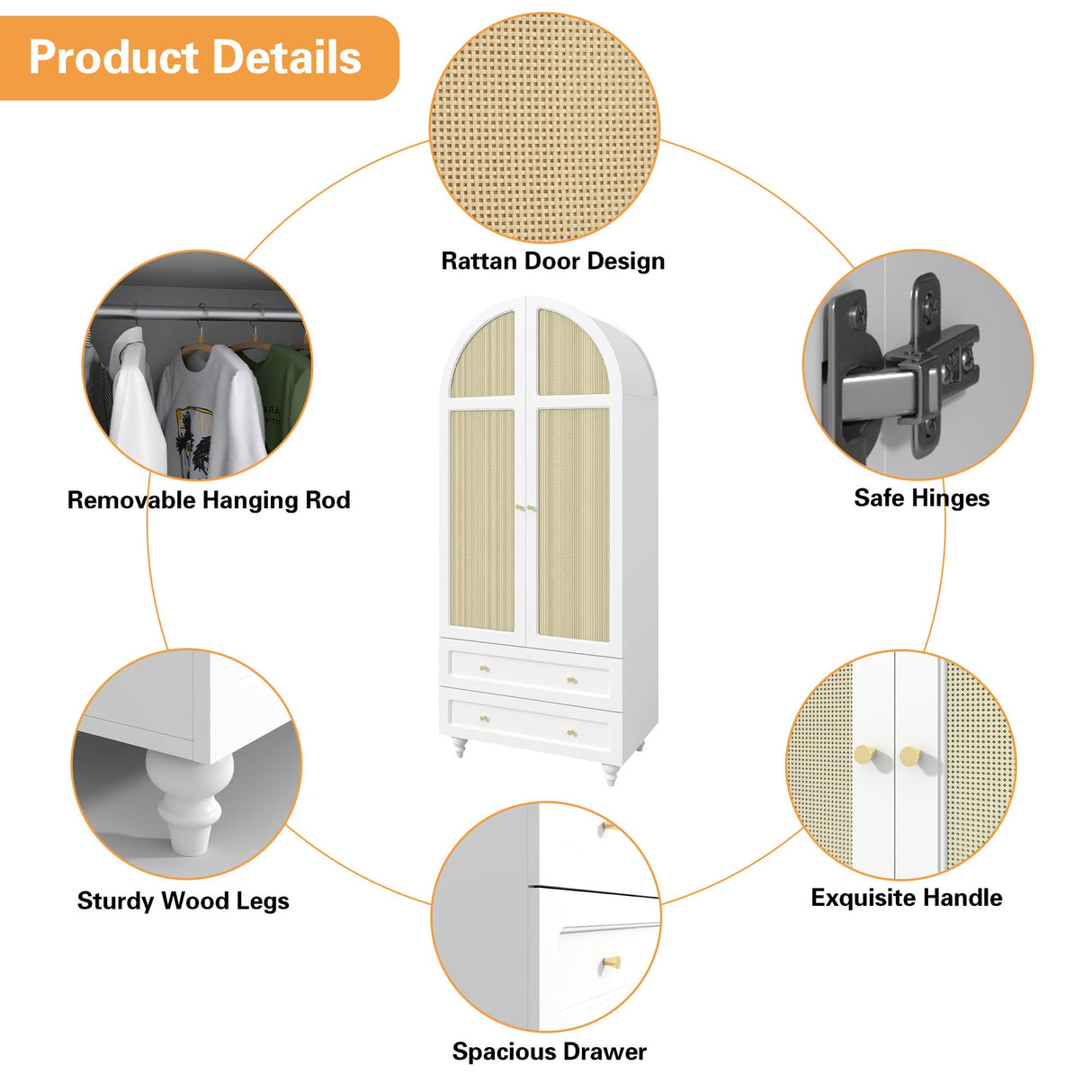 YUCHIATH Arched Armoire Wardrobe Closet with 2 Rattan Doors, Wooden Wardrobe Closet with 2 Drawers, 74.8 "H Bedroom Armoires with Hanging Rod (White) YUCHIATH