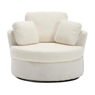 Swivel Barrel Chair, Modern Fabric Oversized 360 Degree Club Accent Arm Chairs, Single Round Living Room Sofa Chair w/ 3 Pillows for Nursery, Bedroom, Reading, Office, Ivory