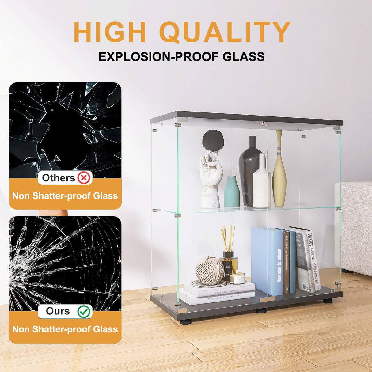 AUCARE Display Cabinet with Glass Doors, Glass Display Cabinet with Lock, 2-Tier Curio Cabinet&Bookcase for Collectibles, Toys, Books, Glass Storage Cabinet, 32" W x 34" H x 14" D AUCARE