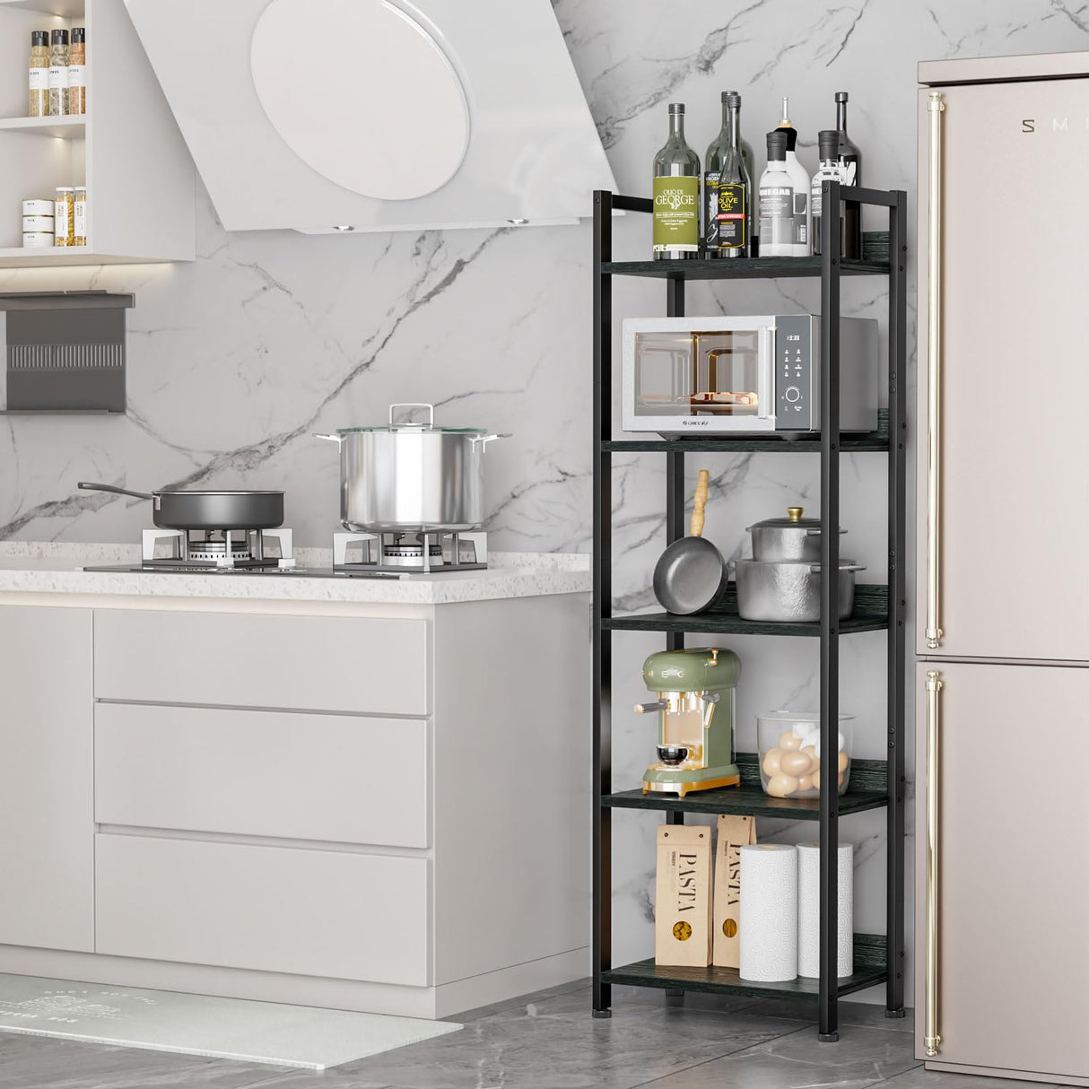 Furologee 5 Tier Bookshelf with Drawer, Kitchen Bakers Rack with Storage, Tall Narrow Bookcase, Industrial Free Standing Display Shelf, Wood and Metal Book Shelf for Bedroom, Living Room, Black Furologee