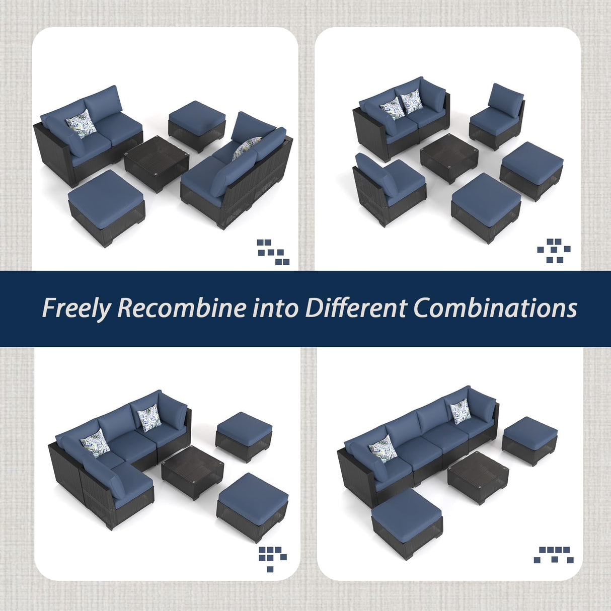 AECOJOY 7 Piece Outdoor Patio Furniture Set, Outdoor Sectional Conversation Furniture Chair with Coffee Table, Patio Sectional for Backyard, Garden(Navy Cushions and Black Rattan) AECOJOY
