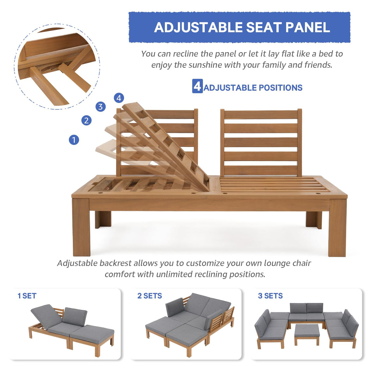 SUNSITT 4 Piece Acacia Wood Patio Furniture Outdoor Sectional Sofa Set with Adjustable Armrest, FSC Certified L-Shaped Patio Set w/2-in-1 Coffee Table, Grey Cushions SUNSITT