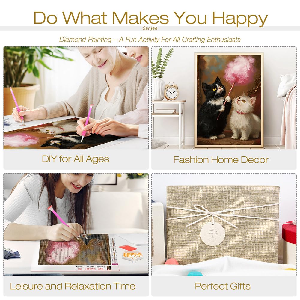 Sanjee Diamond Painting Kits for Adults, Cute Cats Diamond Art Kits for Beginner, 5D DIY Round Full Drill Diamond Dots Paintings Diamond Painting for Home Wall Decoration Gift, 12x16inch Sanjee