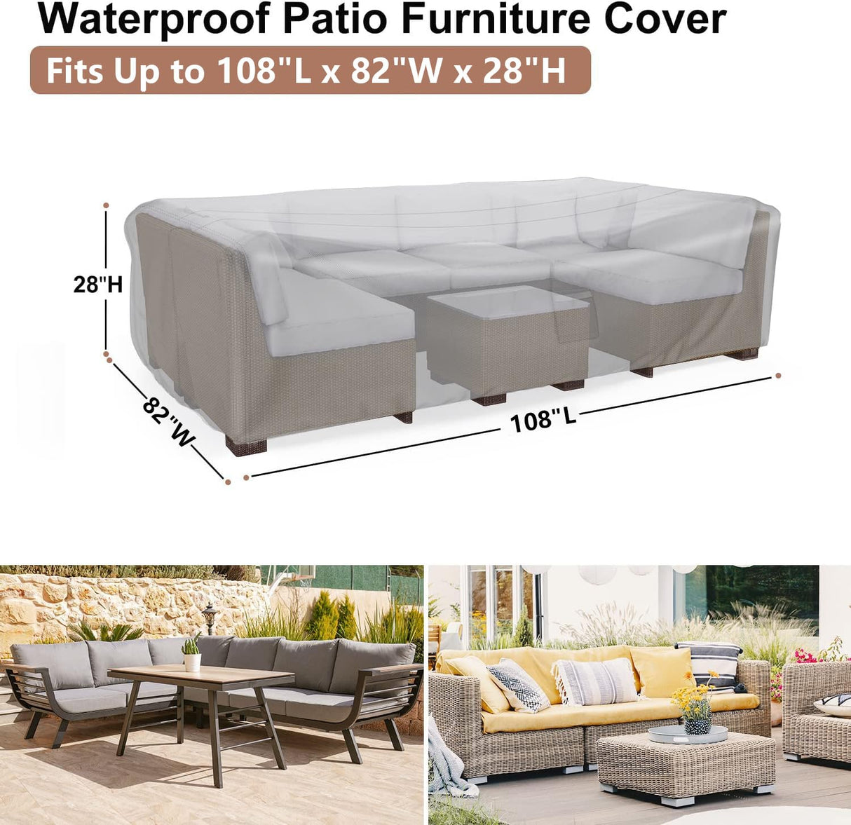BROSYDA Patio Furniture Covers, Heavy Duty Outdoor Furniture Cover Waterproof, Sectional Sofa Set Covers Table and Chair Set Covers 108" L × 82" W × 28" H BROSYDA