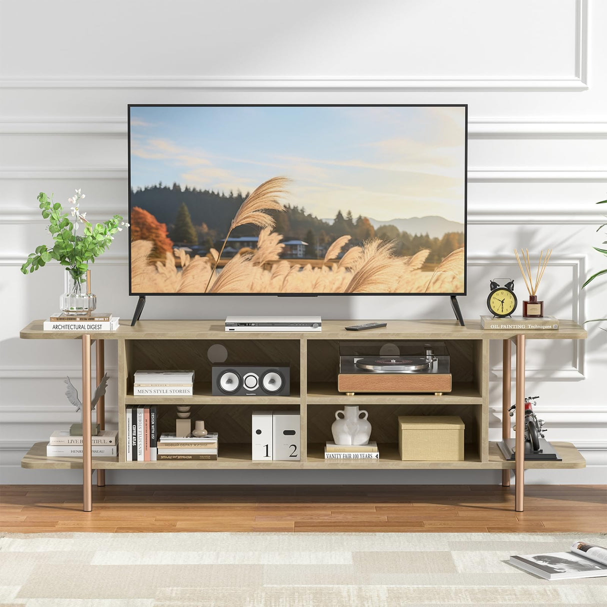 Giluta TV Stand for TV up to 75 Inch, Wood TV Cabinet with Open Storage, Entertainment Center TV Console Table, Coffee Table for Living Room (Light Oak) Giluta
