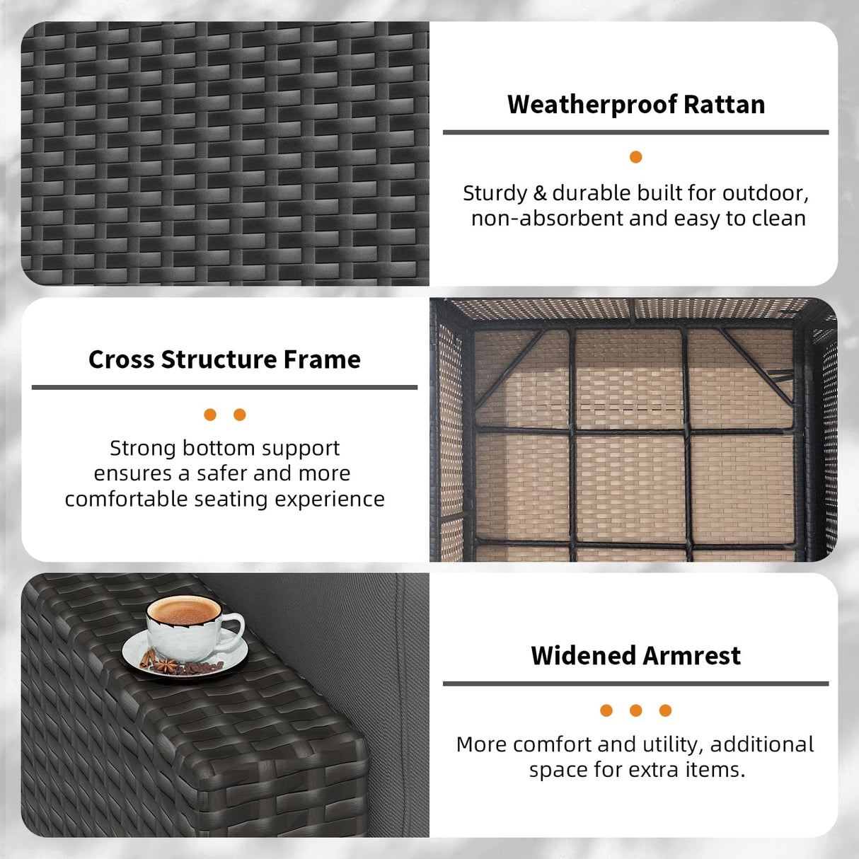 Oakcloud 7-Piece Outdoor Black Rattan Wicker Sectional Conversation Sets Patio Furniture Sofa Set with Cushions and Glass Top Table(Grey) Oakcloud