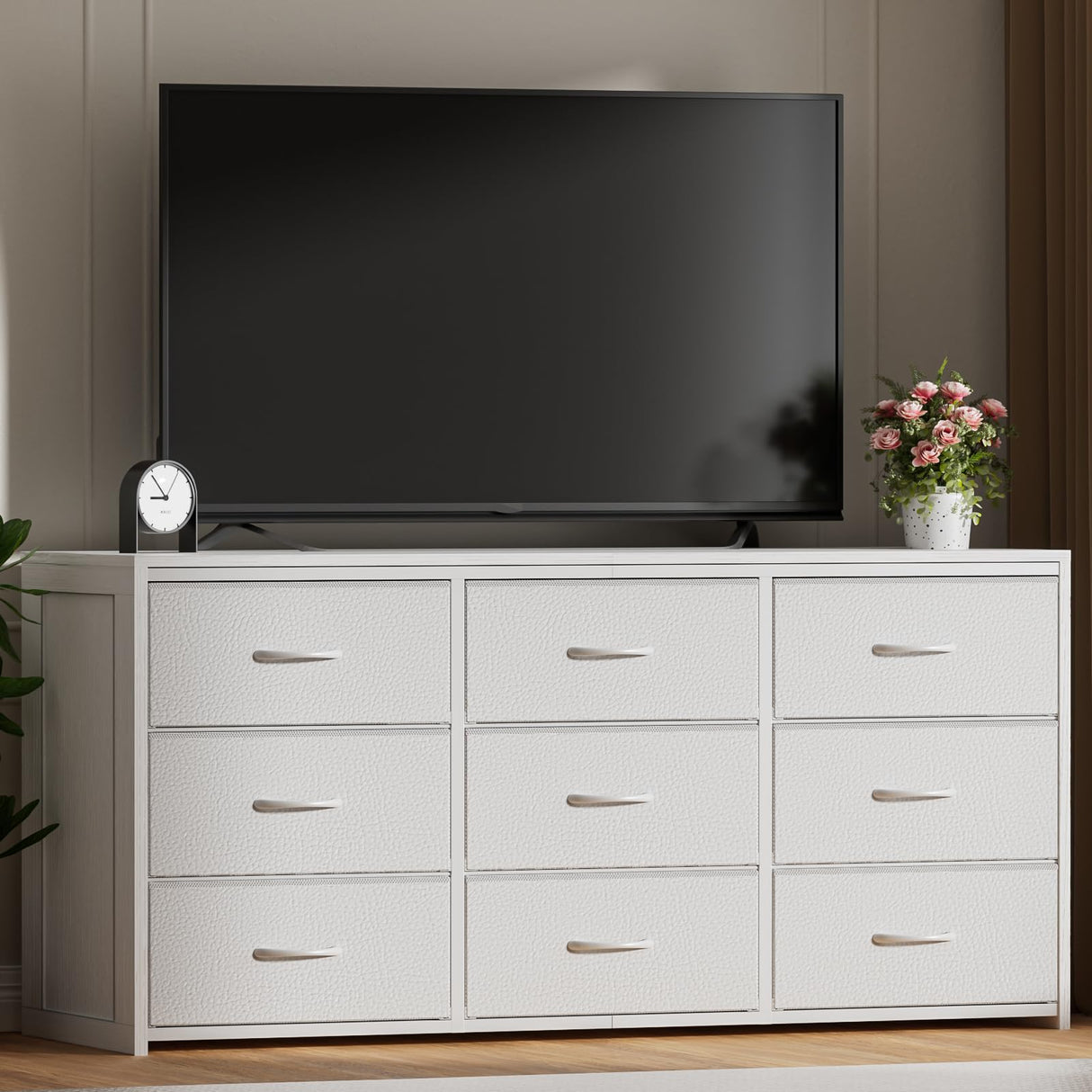 OURPIC Dresser for Bedroom with 9 Drawers, 55 Inch White Dresser TV Stand for 55, 60, 65 Inch TV, Wood Top and Side, Fabric Drawers, Storage, Dressers for Closet, Living Room, Hallway, Entryway OURPIC