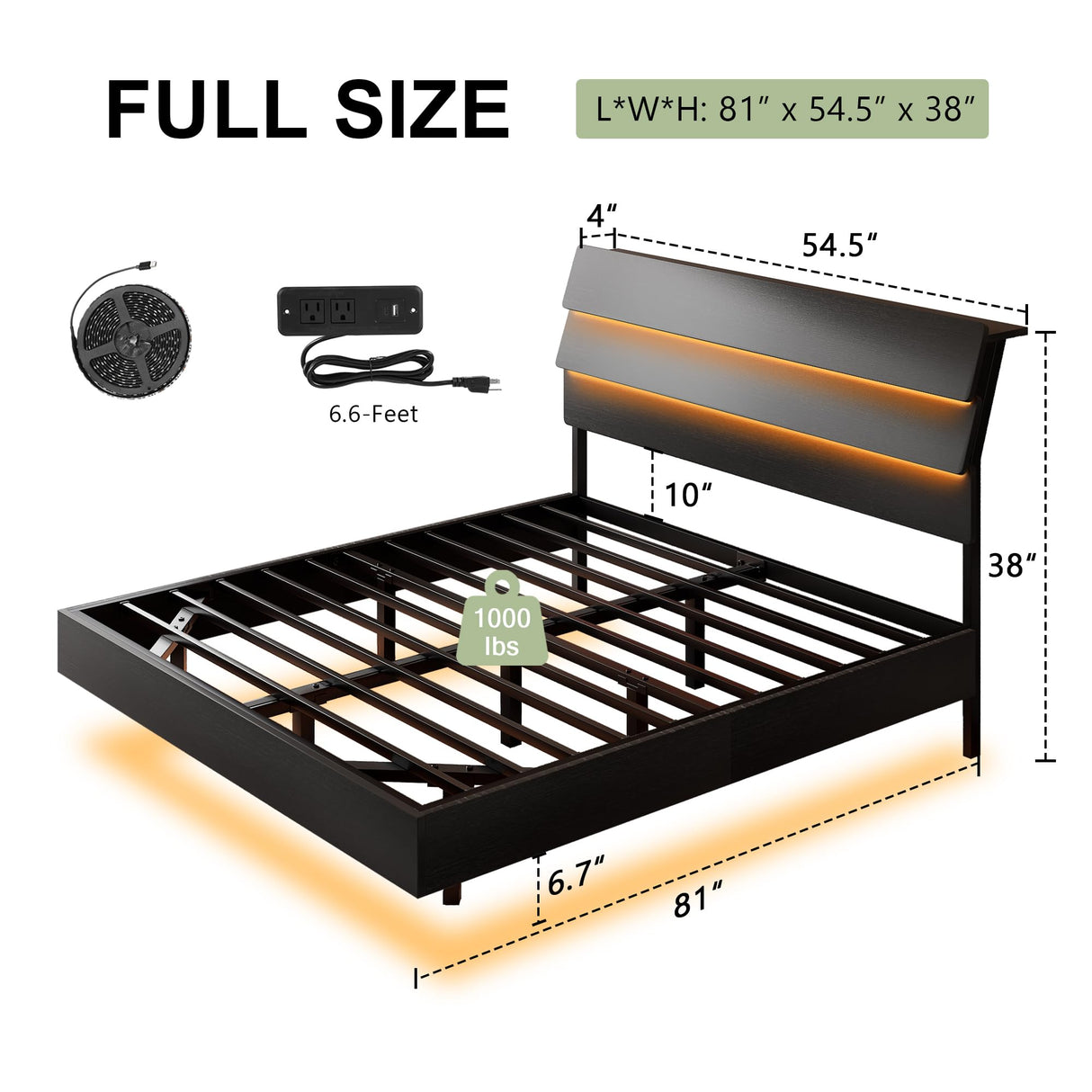 Feonase Floating Bed Frame Full with Led Lights and Charging Station, Wood Full Size Bed Frame with Storage Headboard, Heavy Duty Metal Slats, No Box Spring Needed, Easy Assembly, Noise-Free,Black Feonase