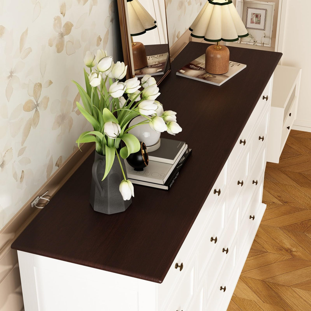 TAMUNE 12 Drawer Dresser Chest of Drawers, White Dresser for Bedroom, Retro Wood Dressers with 12 Drawers, for Living Room Bedroom Hallway, White and Brown 15.7”D x 61”W x 31.5”H TAMUNE