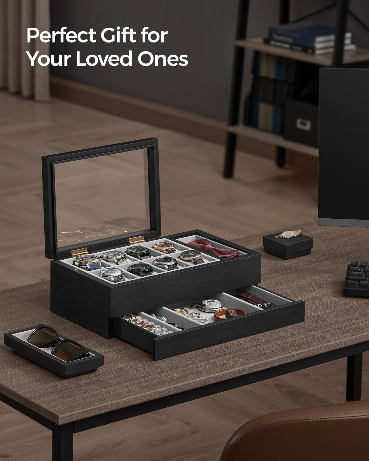SONGMICS 8-Slot Wooden Watch Box With Solid Wood Veneer, 2-Tier Display Case, Transparent Window, Removable Pillows, Velvet Lining, Gift Idea, Ebony Black UJOW002B01 SONGMICS
