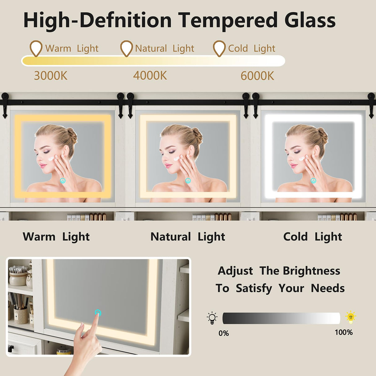 Diwnnue Farmhouse Makeup Vanity Desk with Sliding Mirror, Large Vanity Set with 3 Brightness Lights, Ample Storage, Antique White Diwnnue