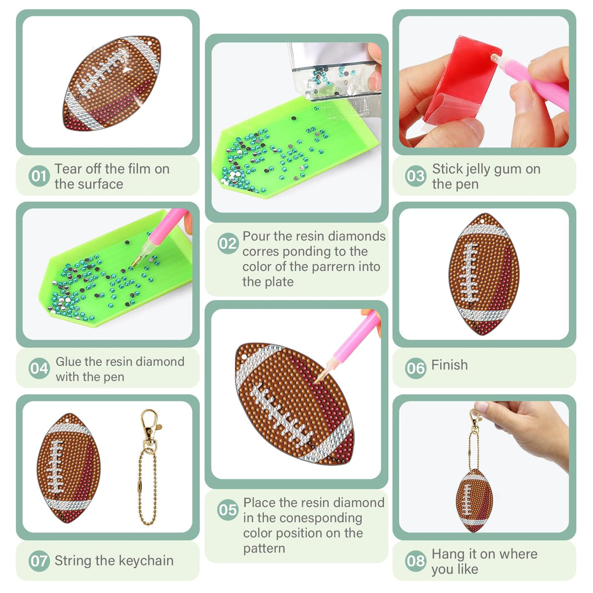 INCOK Ball Diamond Art Keychains - 16 Pcs Diamond Painting Ornament Kits DIY Basketball Football Baseball Softball Key Chain Set Gem Art Crafts Birthday Festival Gift for Adult Beginners Sport Lover INCOK