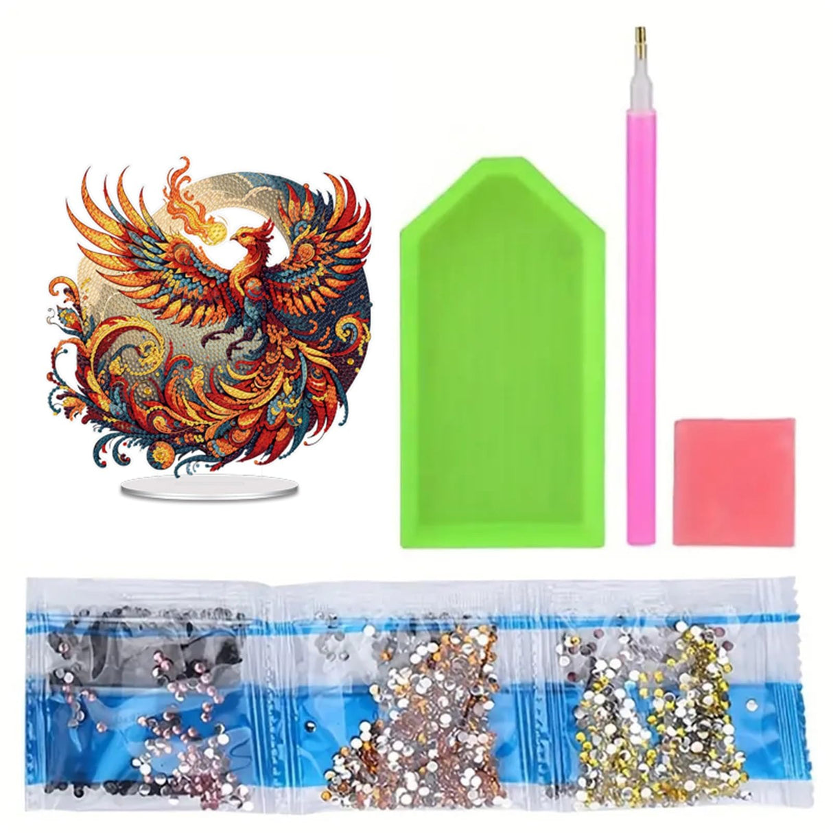 5D Diamond Art Ornaments Kits, DIY 5D Diamond Art Painting Pet Desktop Ornament, Special Shaped Crystal Animal Diamond Art Painting Tabletop Home Office Decor-02-Phoenix Generic