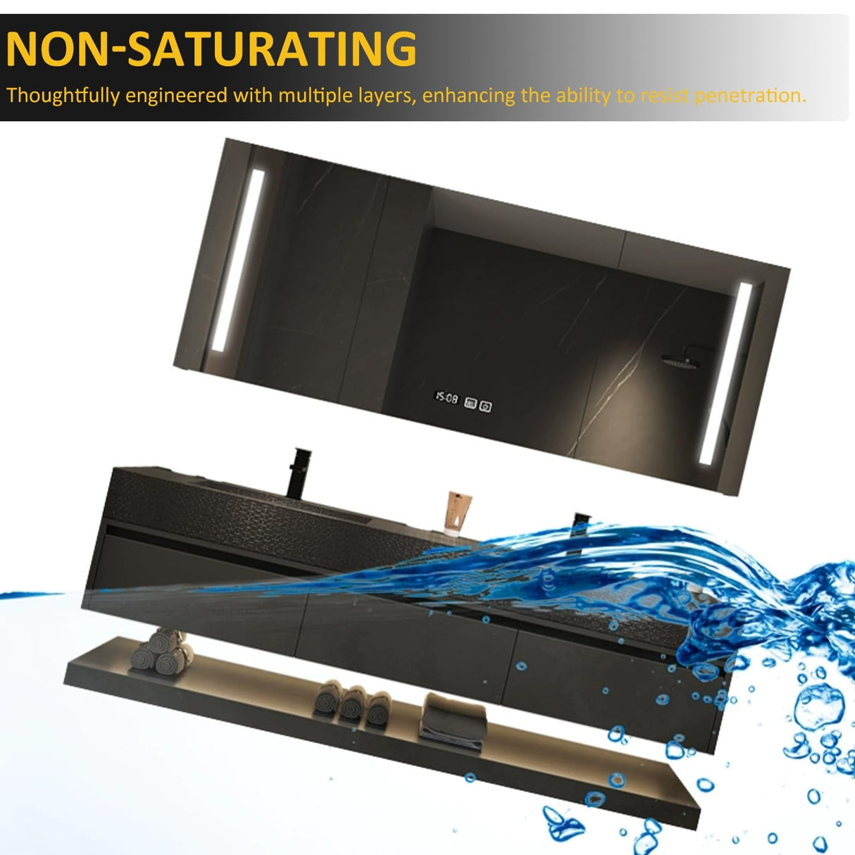 TIZAZO Double Floating Vanity Cabinet Sink - LED Defogging Smart Mirror Cabinet | Wall - Mounted Wood Vanity with Open Shelf & 3 Drawers (50'') TIZAZO