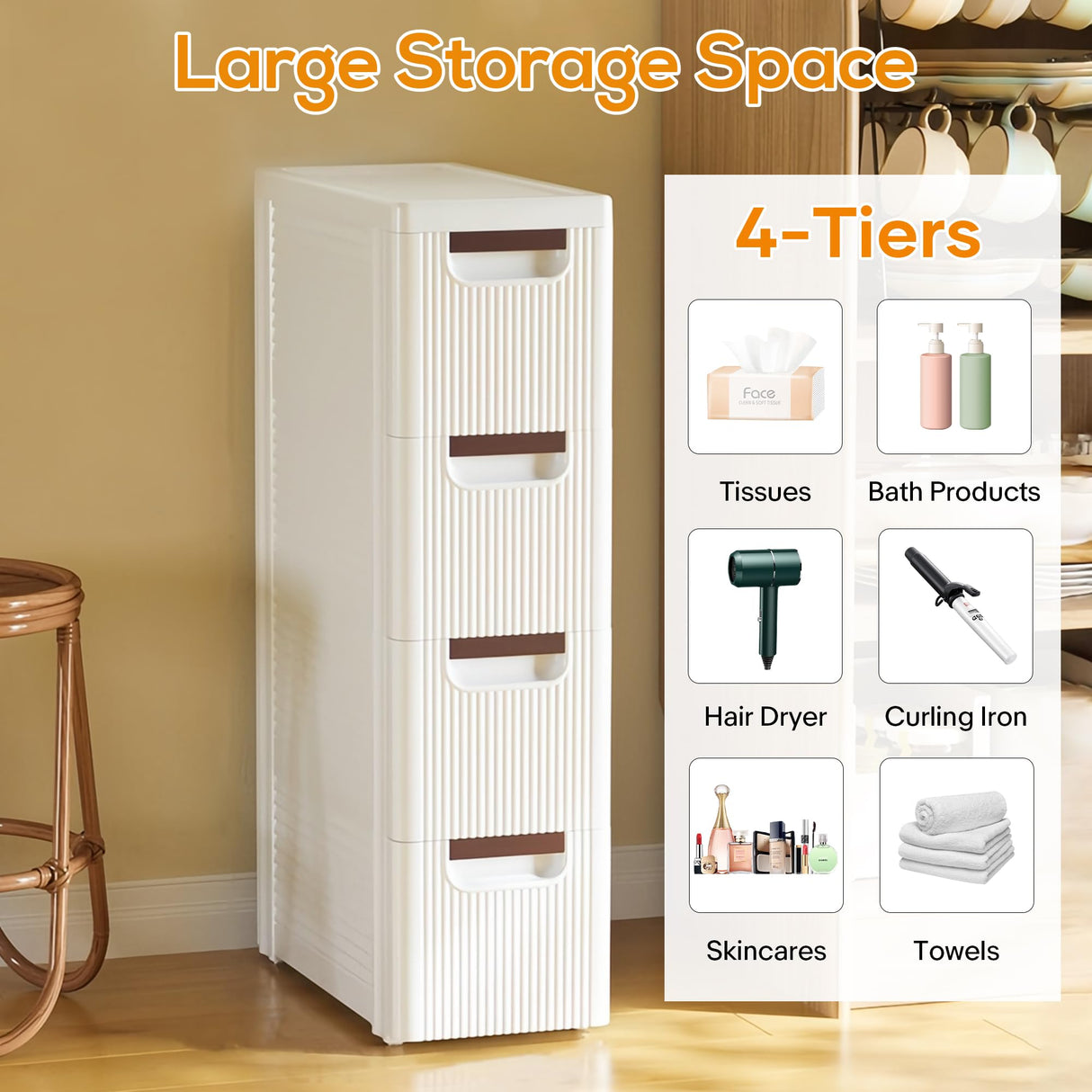 4 Drawers Slim Bathroom Storage Cabinet Dresser, Narrow Plastic Rolling Cart Organizer with Drawers, for Small Spaces, Kitchen, Laundry, Office, Bedroom, White YABORAS