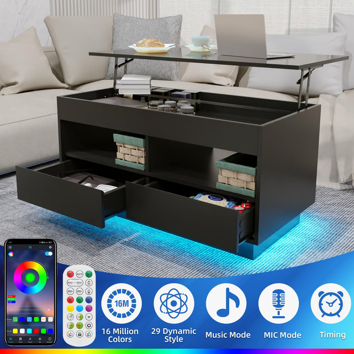 HOMMPA Lift Top Coffee Table with LED Light Morden Coffee Table with Storage Black Coffee Table for Living Room High Gloss Tea Table LED Center Tables Hidden Compartment & 2 Open Shelve & 2 Drawers HOMMPA