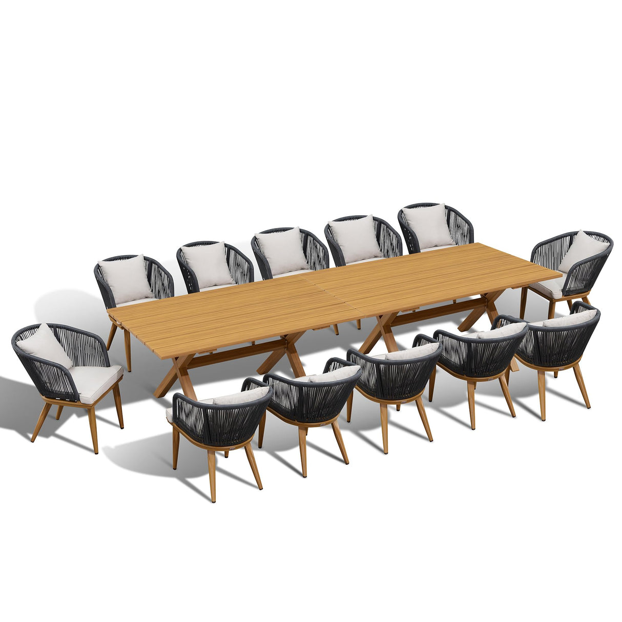 PURPLE LEAF 14 Pieces Patio Dining Set Wicker Outdoor Furniture Rectangular Table and Chairs Set for Garden Deck Teak-Finish & Grey Aluminum Frame Backyard Kitchen Set, Cushions and Pillows Included PURPLE LEAF