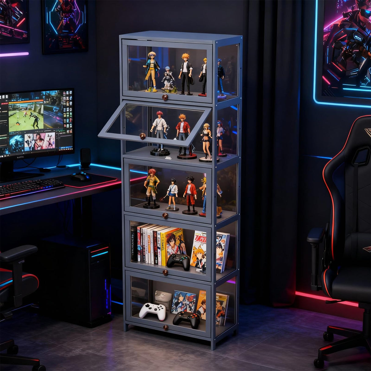 Magshion Display Cabinet, 5-Tier Corner Shelf with Acrylic Doors, 67.5" Tall Curio Display Case, Showcase, Storage Shelf, for Living Room, Bedroom, Playroom, White, 12.5" D x 23" W x 67.5" H Magshion