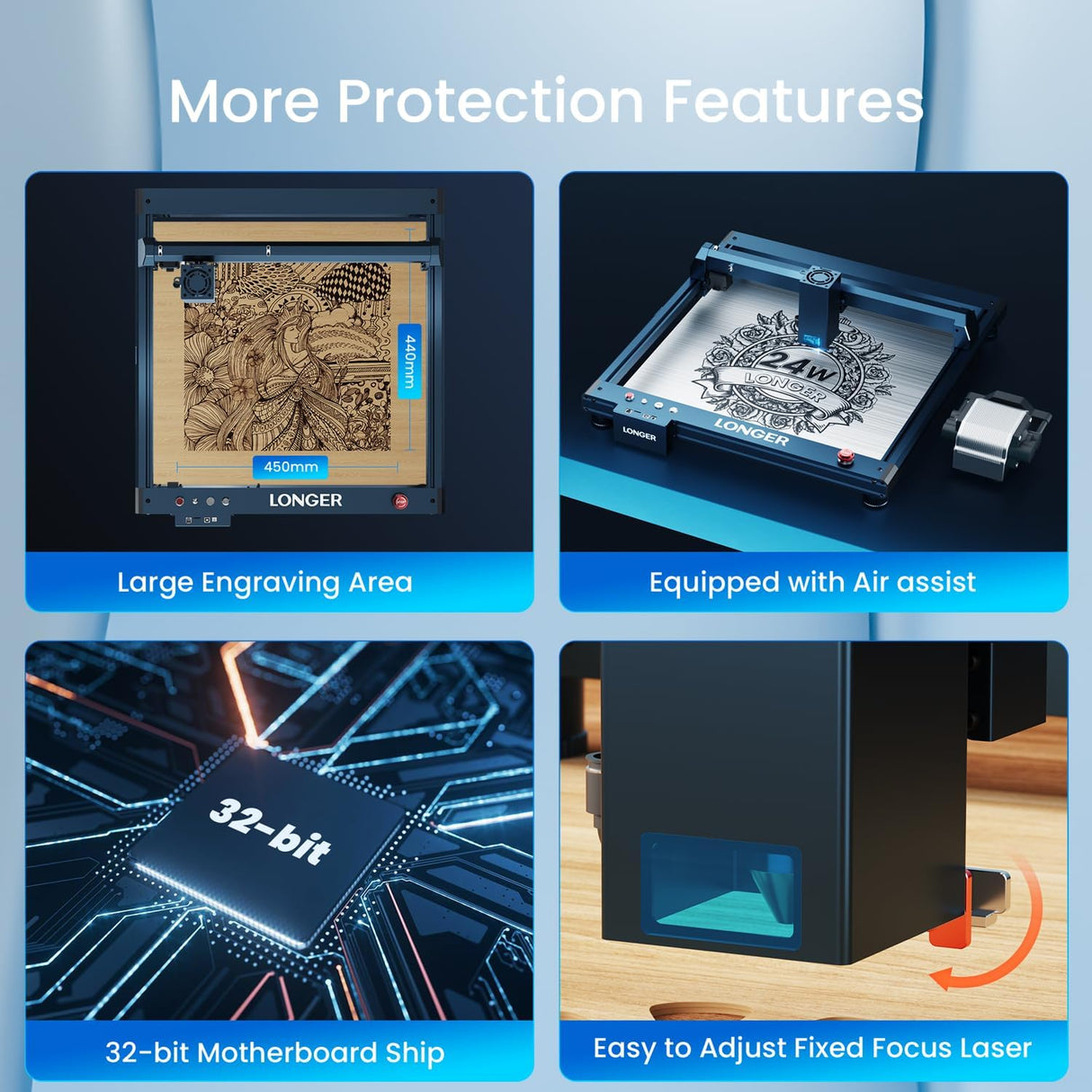 Longer Laser B1 24W Laser Engraver Cutter with Auto Air Assist, Working Speed Up to 600MM/S, DIY Laser Engraver for Wood and Metal, Paper, Acrylic, Glass, Leather, Working Area 17.72x17.32 inch Longer