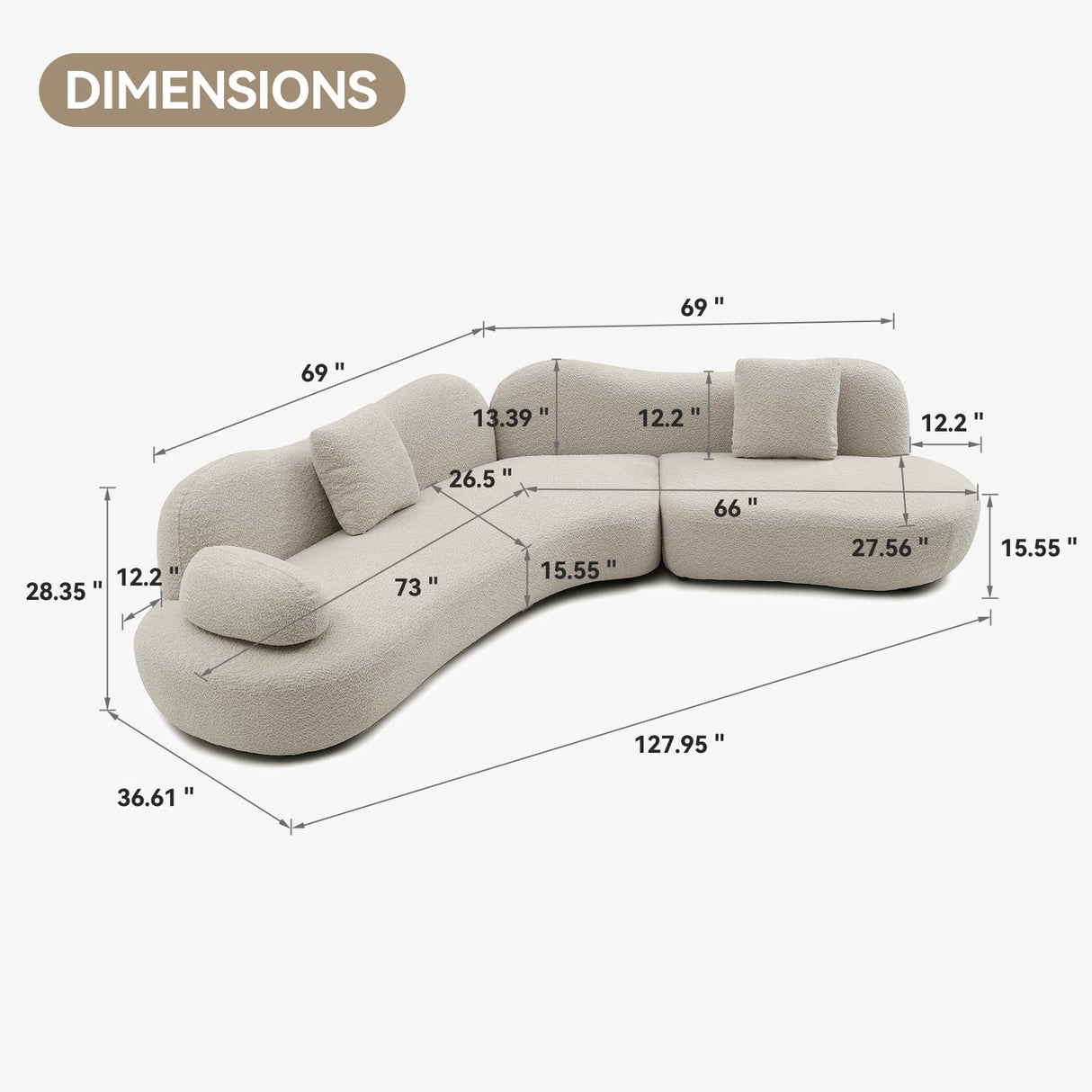 SSC SATISUNCASA 129" Luxury Modern Curved Sofa, Minimalist Comfy Boucle 5 Seater Couch, Crescent Shape Modular Sectional Sofa with Butterfly Backrest, for Living Room, Bedroom, Apartment Home, Beige SSC SATISUNCASA