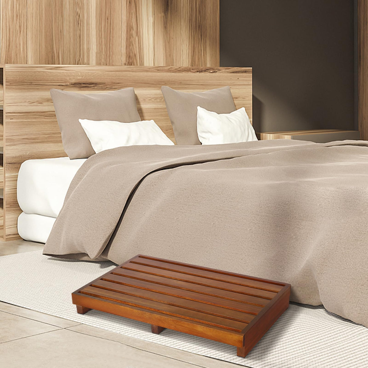 One Step Stool for Elderly and Kids(No Assemble Required)- Acacia Wood 3.5" High Riser Step Stool with Non-Slip Mat, Lightweight Step Stool Supports 450 LBS,Suitable for Indoor and Outdoor, Bathroom Fuilee