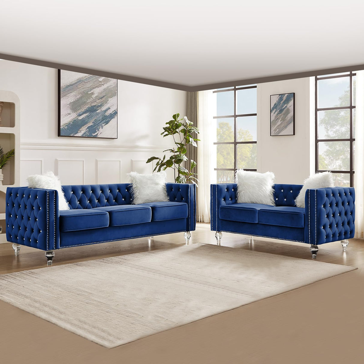 Homies Life 60" Chesterfield Sofa, Velvet Mid-Century Modern Upholstered Loveseat Sofa with 2 Throw Pillows and Acrylic Legs, Nailhead Button Tufted Vintage Couch for Living Room, Apartment, Blue Homies Life