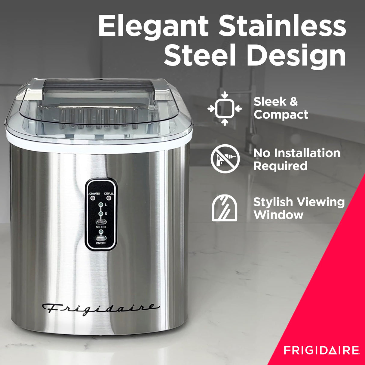 Frigidaire EFIC103-AMZ-SC Counter Top Maker with Over-Sized Ice Bucket, Stainless Steel, Self Cleaning Function, Heavy Duty, Stainless Frigidaire