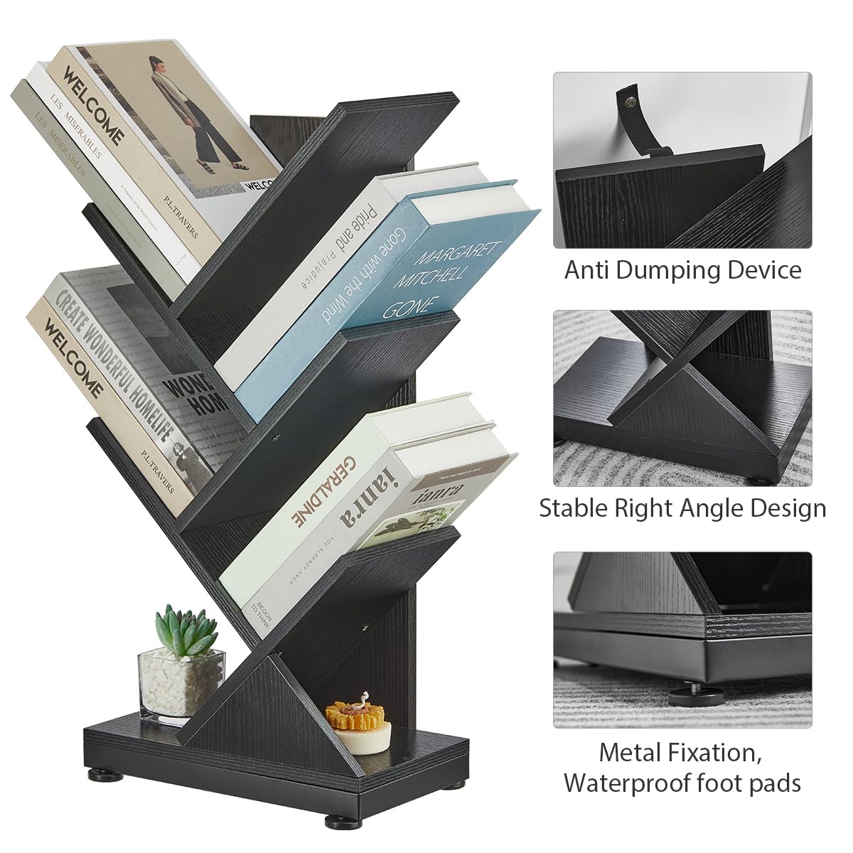 ruboka 5-Shelf Tree Bookshelf, 5 Tier Floor Standing Bookcase for CDs/Magazine/Books, Small Book Organizer for Bedroom, Living Room, Office,Balcony,Retro Storage Shelve