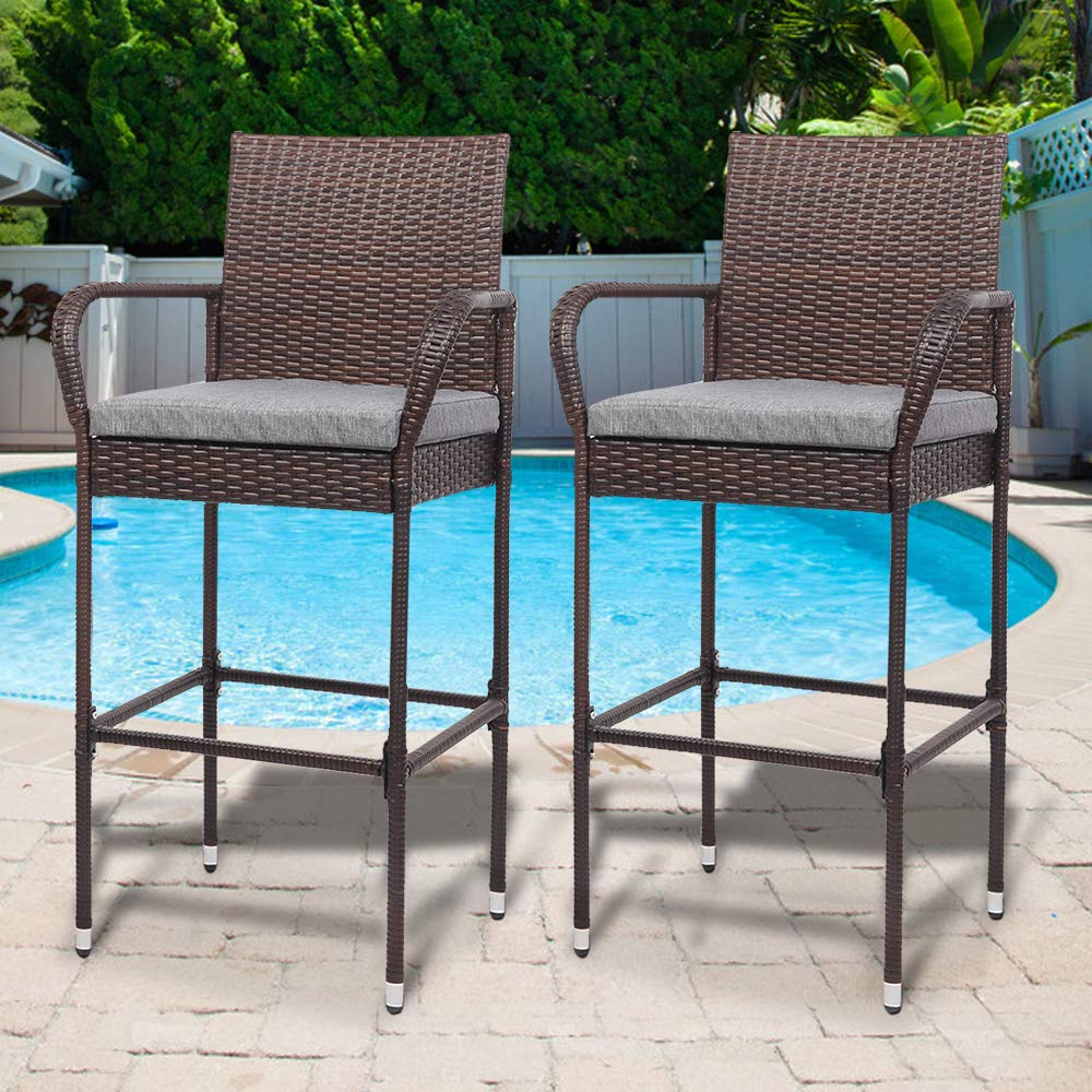 VINGLI Outdoor Bar Stools Set of 2 with Cushions Wicker Bar Stools, Patio Bar Chairs Bar Height Patio Set for Garden Pool Lawn Backyard VINGLI