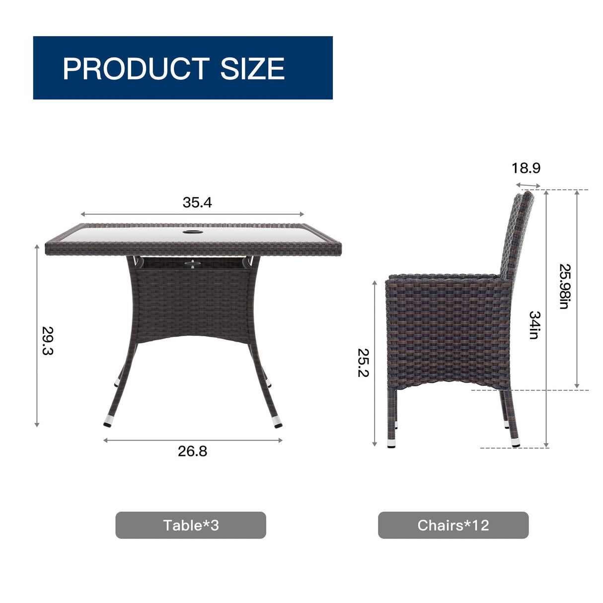 Kullavik 15-piece Outdoor Dining Set,All-weather Wicker Table and Chairs Patio Furniture Set for Garden with Grey Cushions,Square Glass Table Top with Umbrella Cutout,8 Chairs Kullavik