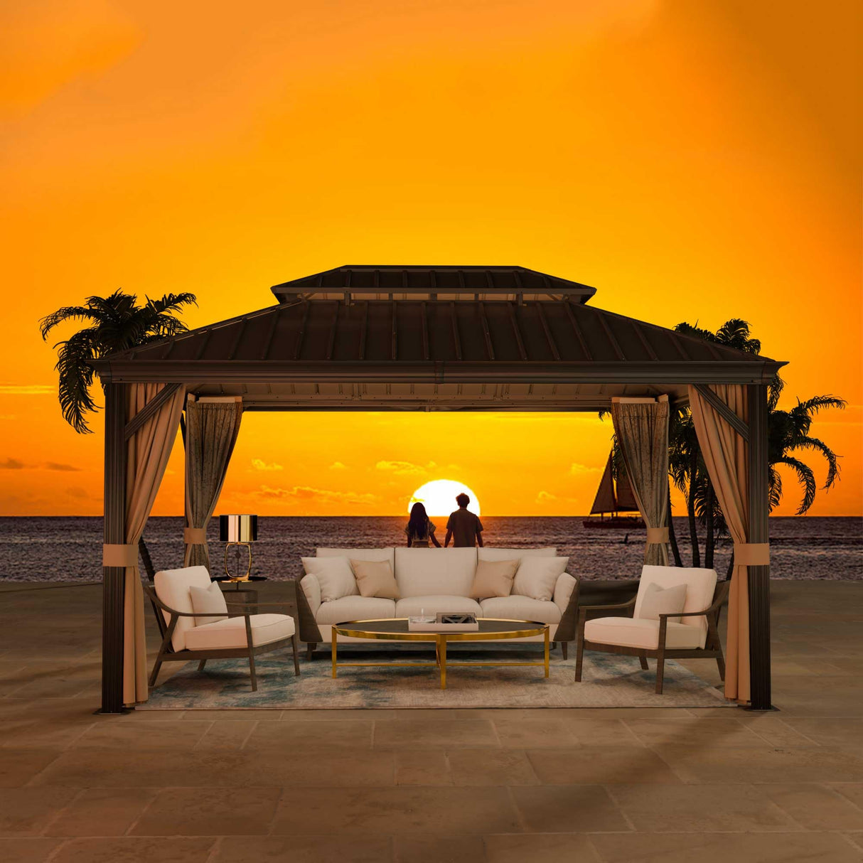 Yardsight 10' x 14' Hardtop Gazebo, Aluminum Frame Pavilion with Galvanized Steel Double Roof Heavy Duty Permanent Gazebo with Mosquito Netting and Privacy Curtain for Patio, Garden, Lawn. Yardsight